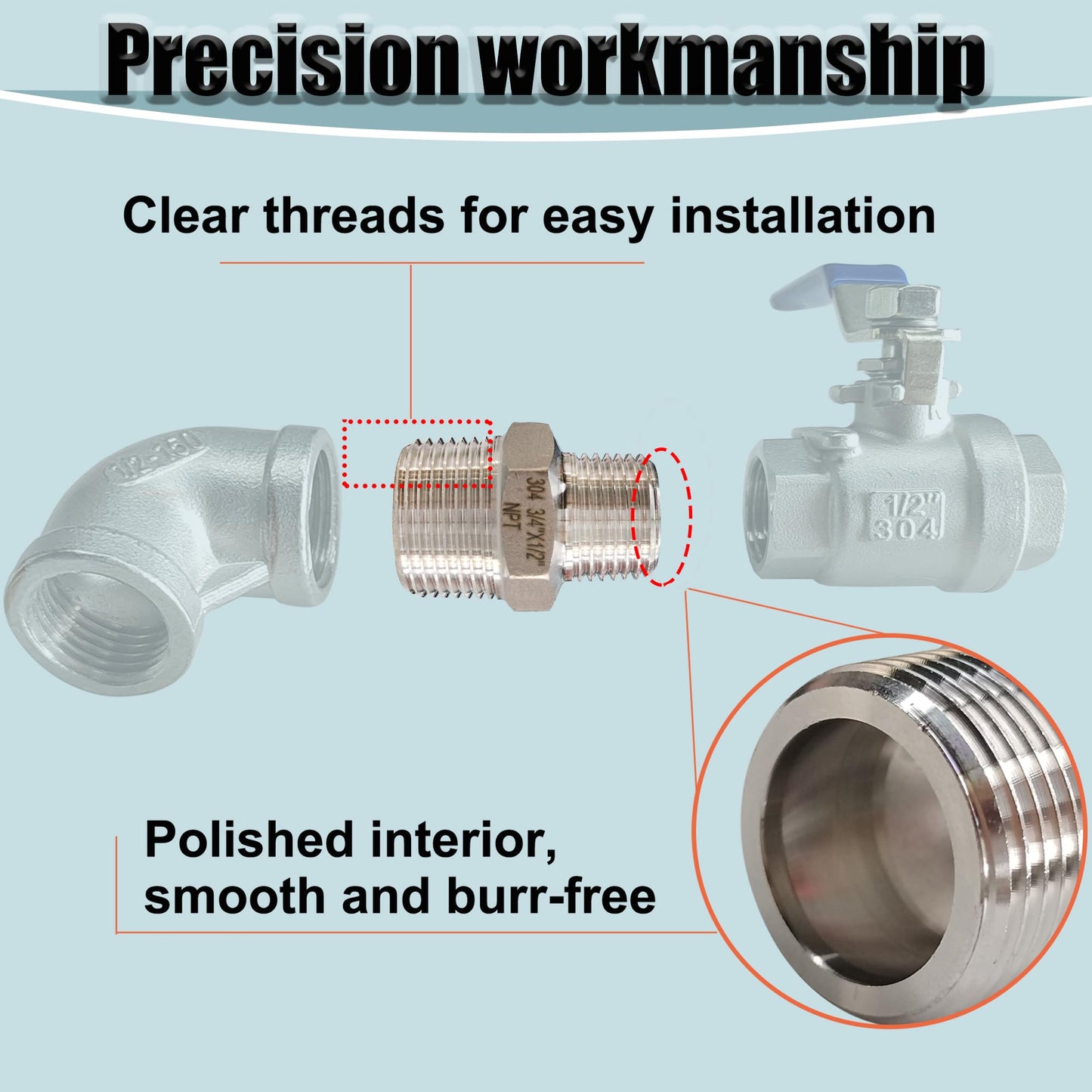 304 Stainless Steel Hex Nipple Reducer, 3/4" x 1/2" NPT Male Threaded Reducing Nipple Pipe Fitting Adapter, 2000psi Heavy Duty Reducer Straight Connector (3/4"- 1/2")