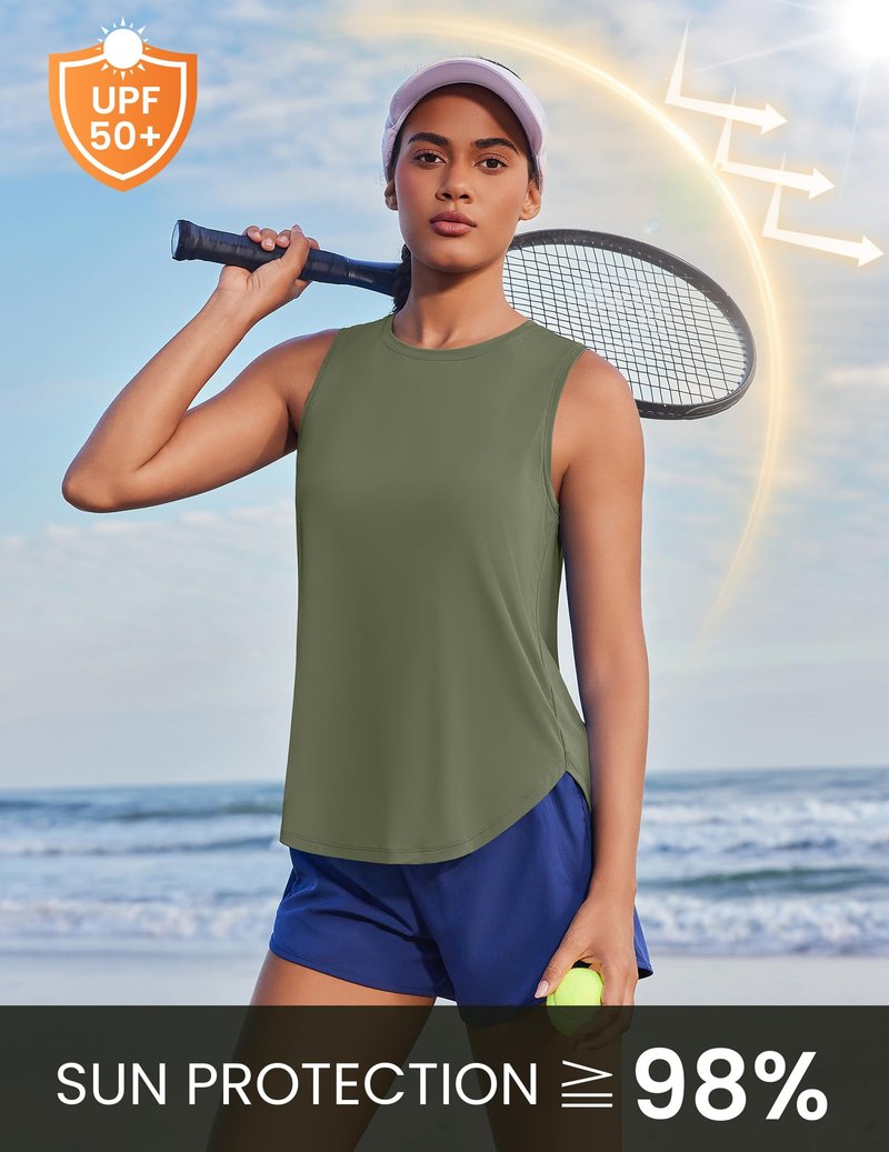 PINSPARK Women's Lightweight Athletic Tank Tops Ice Silk Sleeveless Workout Yoga Shirts Soft Feel Running Gym Tennis Golf Training Tops, Army Green M