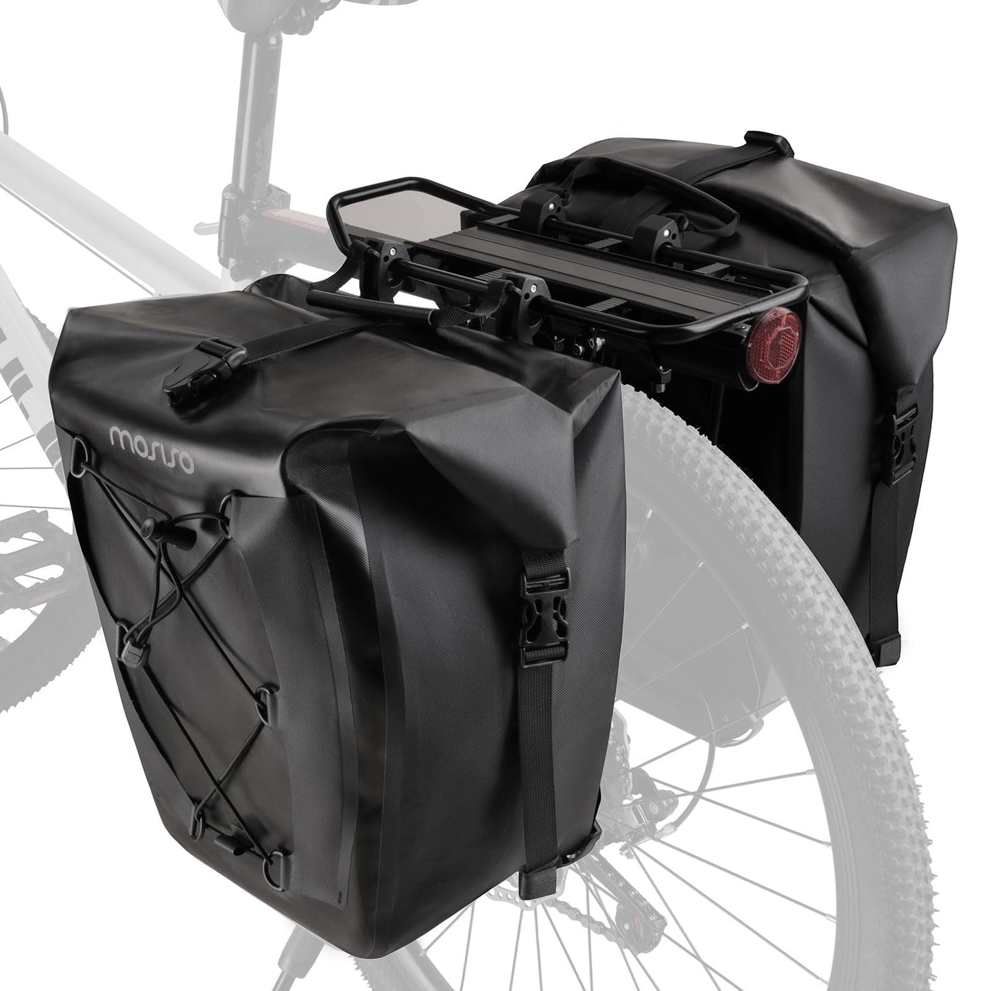 MOSISO 25L Bike Panniers, 2 Pack Waterproof Panniers Bike Bag, Bike Rear Rack Seat Bag with Elastic Cord, Bicycle Luggage Storage Trunk Pouch for Road Mountain Cycling Traveling Commuting, Black