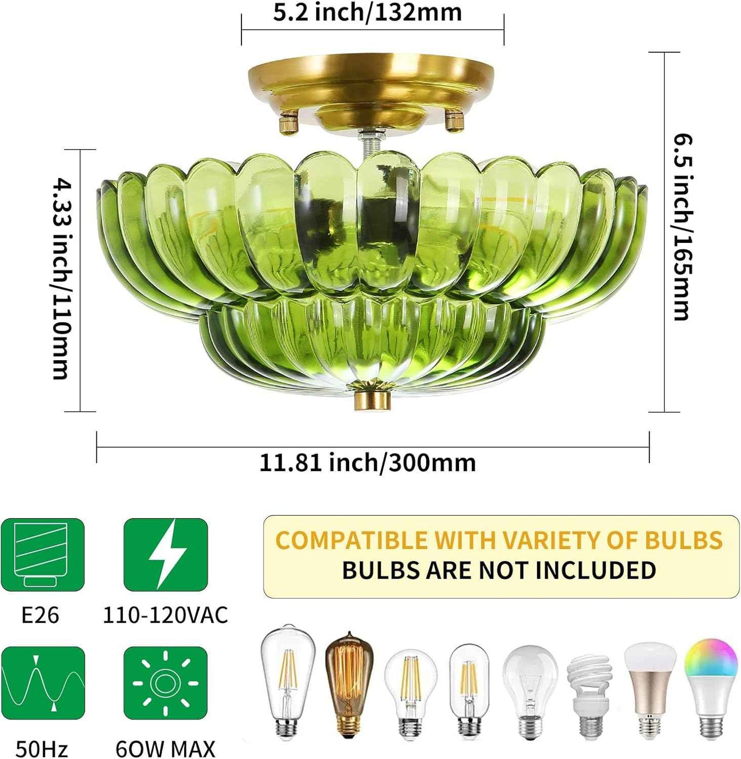 Modern Semi Flush Mount Ceiling Light Fixture with Brown Glass & Black Base - Ideal for Living Room, Kitchen, Bedroom, Hallway (Bulb Not Included)