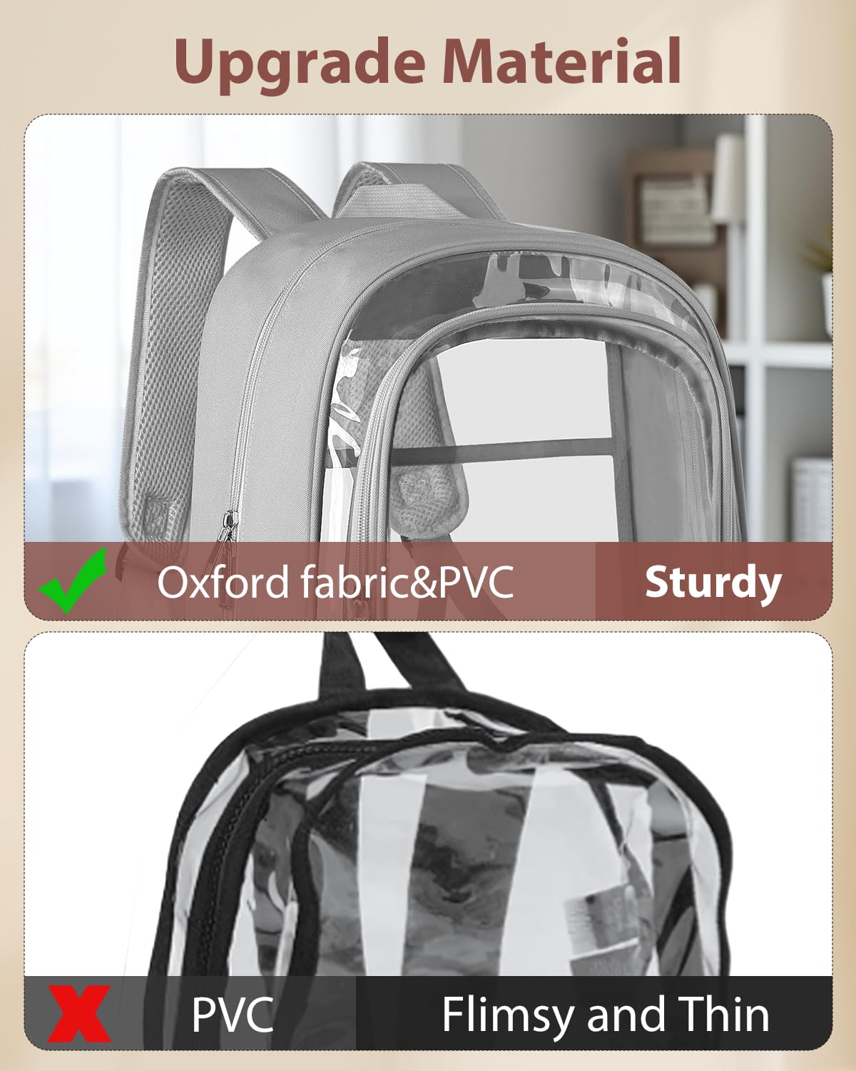 KIMNERPU Clear Backpack, Fabric & PVC Transparent Backpack with Reinforced Strap for Women Men, Heavy Duty Transparent Bookbag, Large Capacity Clear Bag, Travel, X-Large Grey