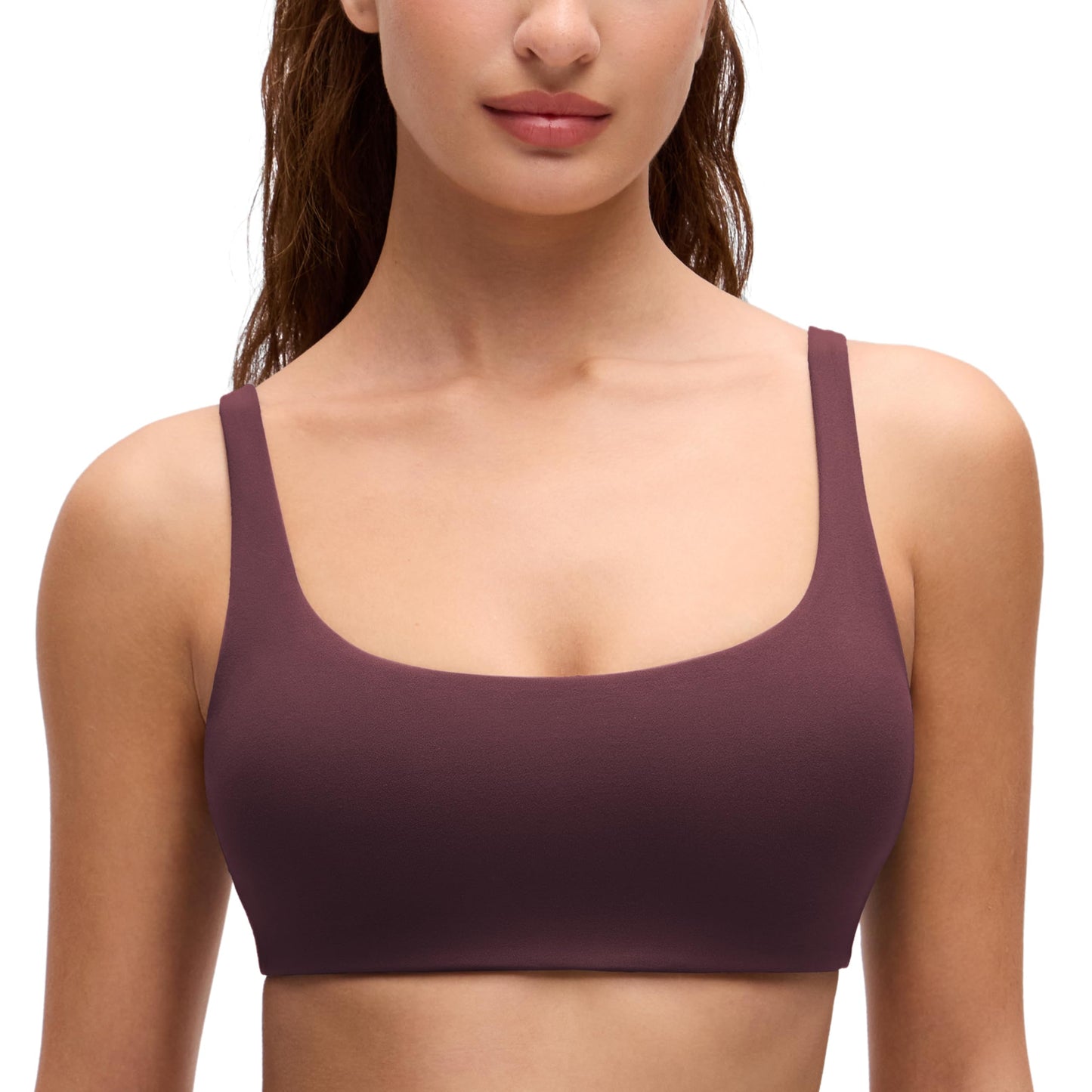 CRZ YOGA Butterluxe Square Neck Spaghetti Strap Sports Bras for Women - Low Coverage Yoga Wireless Padded Cami Crop Top Ripe Plum Medium