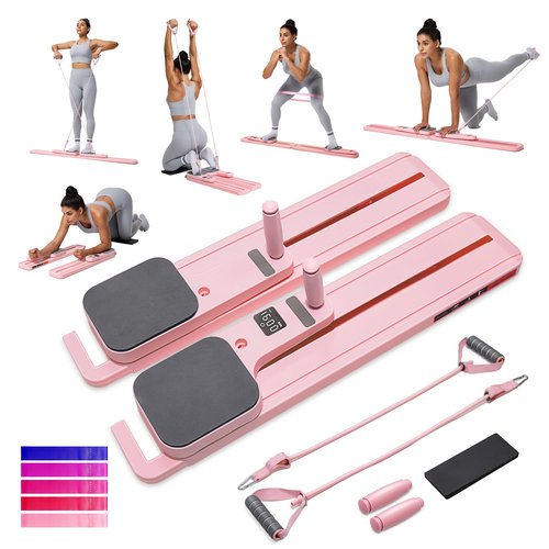 Portable Pilates Reformer Set for Women, Multi-Functional Pilates Exercise Board with Resistance Bands for Home Workouts, Core Strengthening, Toning, Abdominal Sculpting, Full-Body Fitness(Pink)