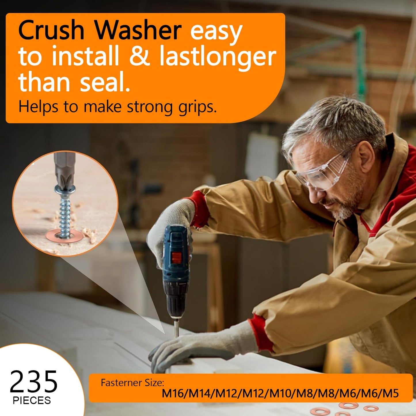 235 Pcs Copper Sealing Crush Metric Washer Assortment Kit Flat Ring Oil Drain Plug Seal Gasket Set Banjo Bolt Washer 10 Sizes M5 M6 M8 M10 M12 M14 M16 for Automotive Motorcycles