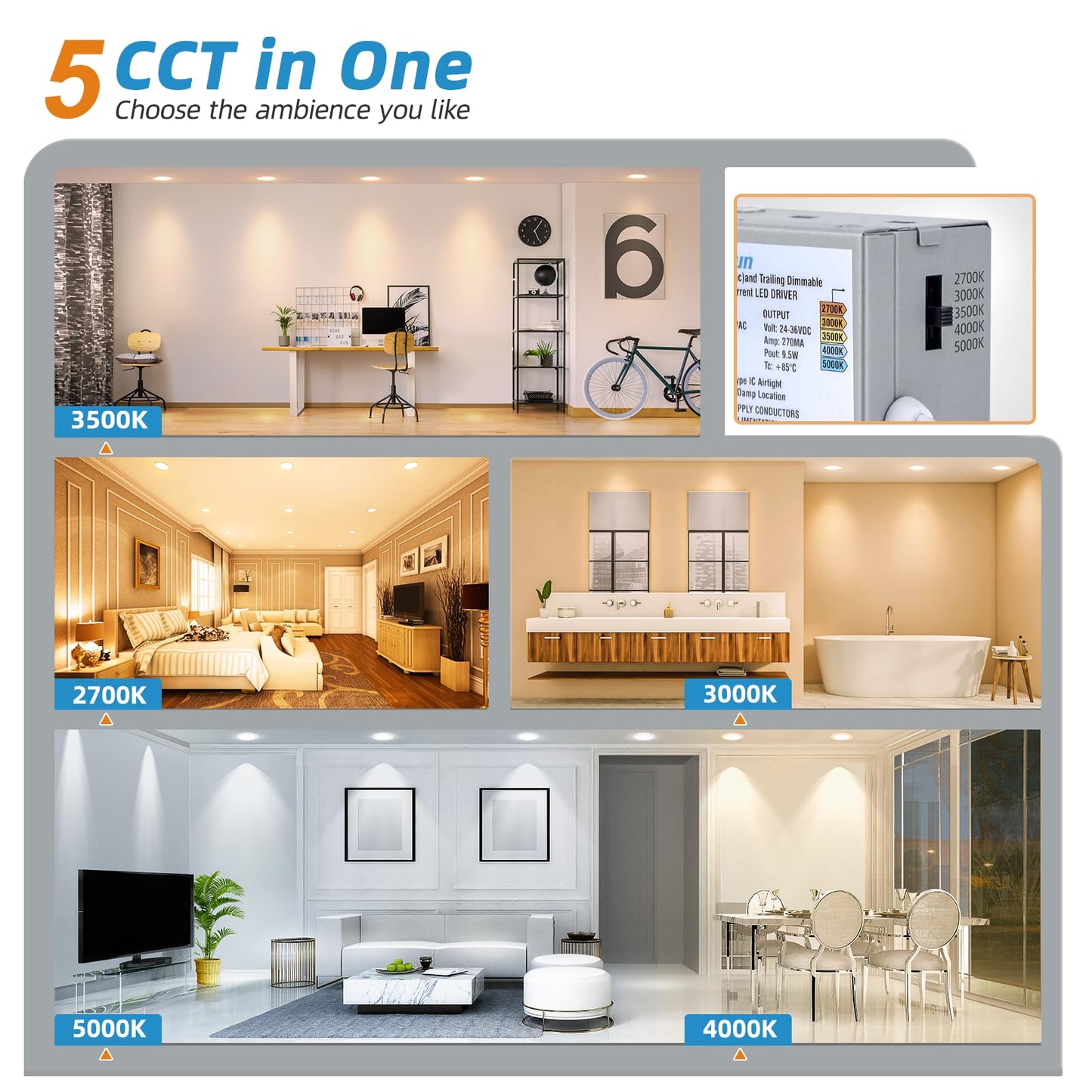 VOLISUN 12 Pack 7 inch Recessed Lighting, 5CCT LED Recessed Light with Junction Box, 2700K-5000K Selectable, Dimmable Canless Wafer Downlight, LED Ceiling Light ETL Certificated