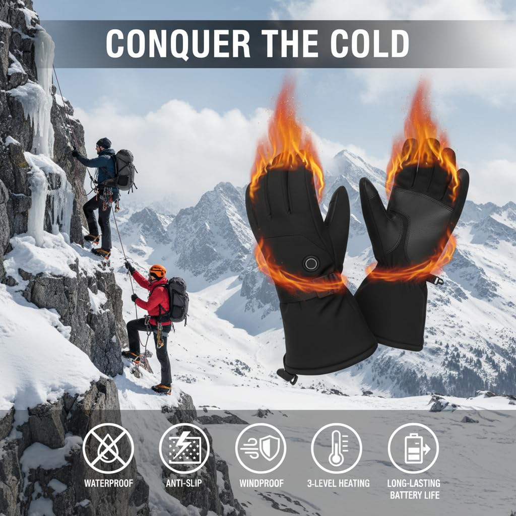 Rechargeable Heated Gloves for Men Women, 7.4V Waterproof Touchscreen Electric Ski Gloves for Winter Outdoor Work, Skiing, Hunting, Hiking, Camping, Riding, Fishing (X-Large)