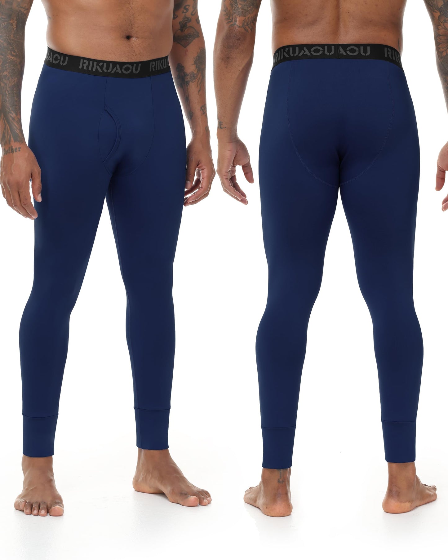 RIKUAOU Men's Thermal Underwear Bottoms, Fleece Lined Long Johns Pants with Fly, Athletic Base Layer Leggings Cold Weather Navy Blue