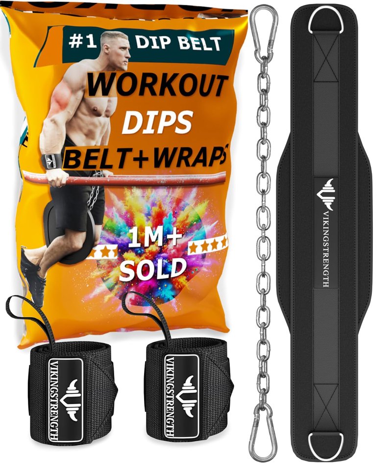 Vikingstrength Dip Belt for Weight Lifting Including Wrist Wraps. Premium Padded Dips Belt with Long Chain for Pullups Triceps Weighted belt for Workout Powerlifting + V-Strength Workout App