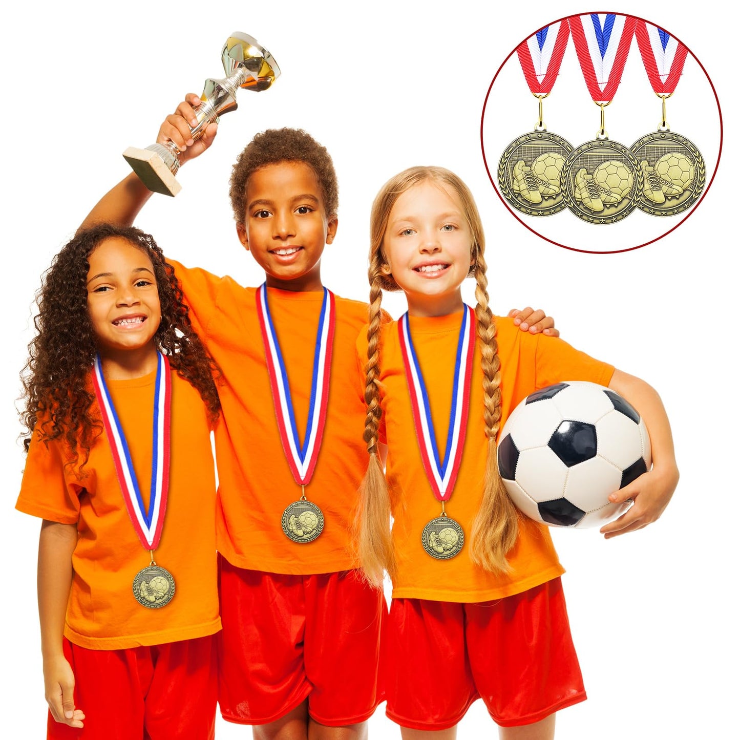 Equsion 36 Pcs 2'' Gold Medals Bulk Volleyball Football Basketball Soccer Baseball Archery Dink Ball Cheer Track Bowling Awards Medals with Ribbons for Sports Participation Winner Gift(Soccer)