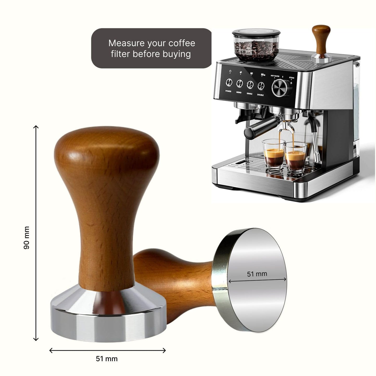 51mm Espresso Tamper - Premium Stainless Steel Base and Wooden Handle - Barista Coffee Tamper for Uniform Compression - Ideal Espresso Coffee Bar Accessories for Perfect Extraction