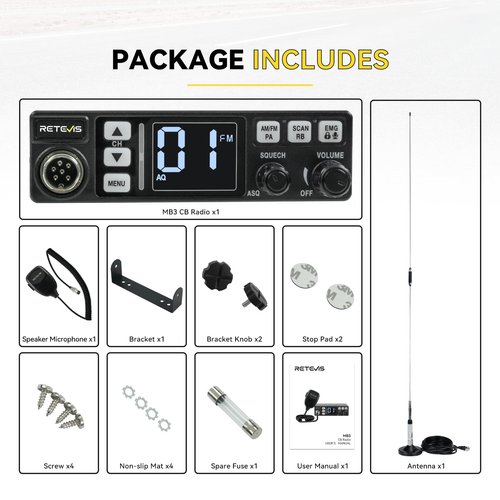 Retevis MB3 40-Channel AM/FM CB Radio Kit with Antenna, Full Set of Fixed-Mount Kit,ANL Noise Reduction, Emergency Channel 9/19, PA & VOX, Auto-Scan,External Speaker Jack,for Trucker Emergency