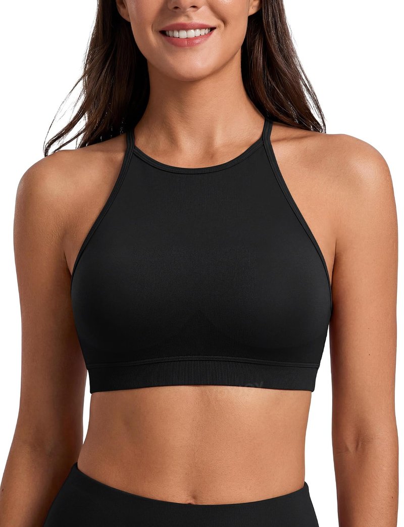 VOYJOY High Neck Sports Bra Adjustable Straps Yoga Crop Womens Workout Gym Yoga Bras Black