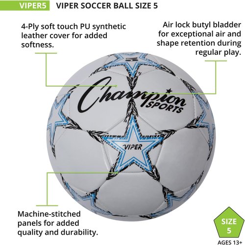 Champion Sports Viper Soccer Ball - Soft-Touch TPU Training Ball for Indoor/Outdoor Play | Sizes 3, 4, 5