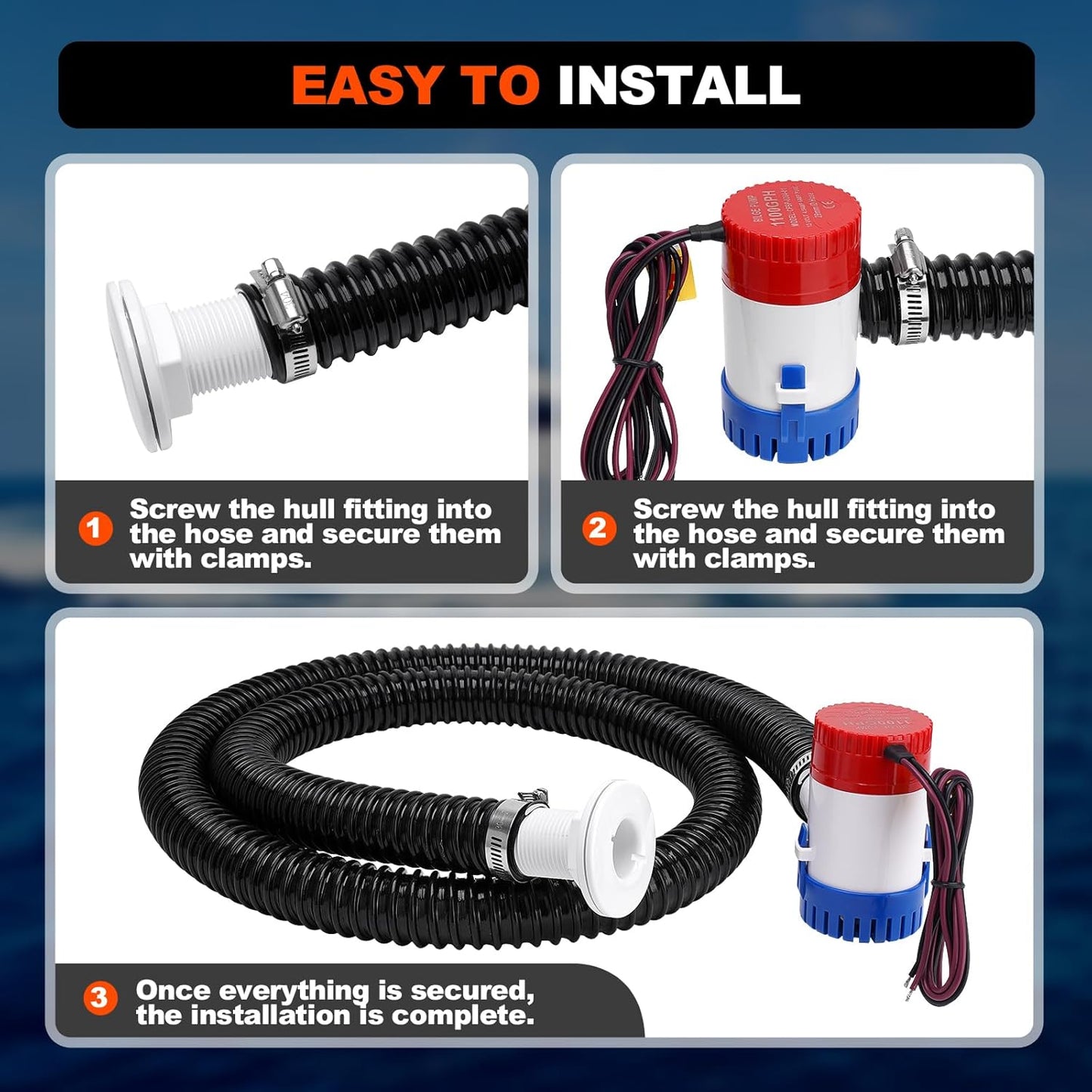 1100 GPH Boat Bilge Pump - 12V Plumbing Kit with 6FT Hose & Clamps | Ideal for Fishing Boats & Yachts