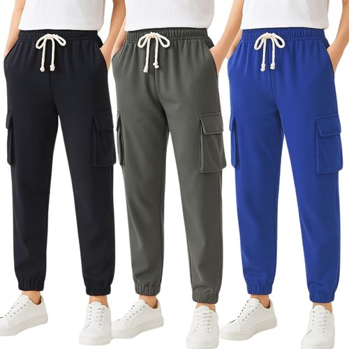 HILEELANG Little Boys Cargo Sweatpants 3 Pack - Kids Cotton Blend Joggers Black Grey Blue with Pockets Elastic Waistband, Pull-On Athletic Pants for School Sports 6Y