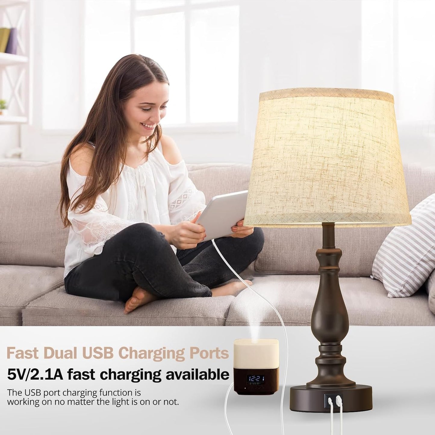 Touch Bedside Table Lamps Set of 2 with USB C+A Ports - 3-Way Dimmable Linen Shade