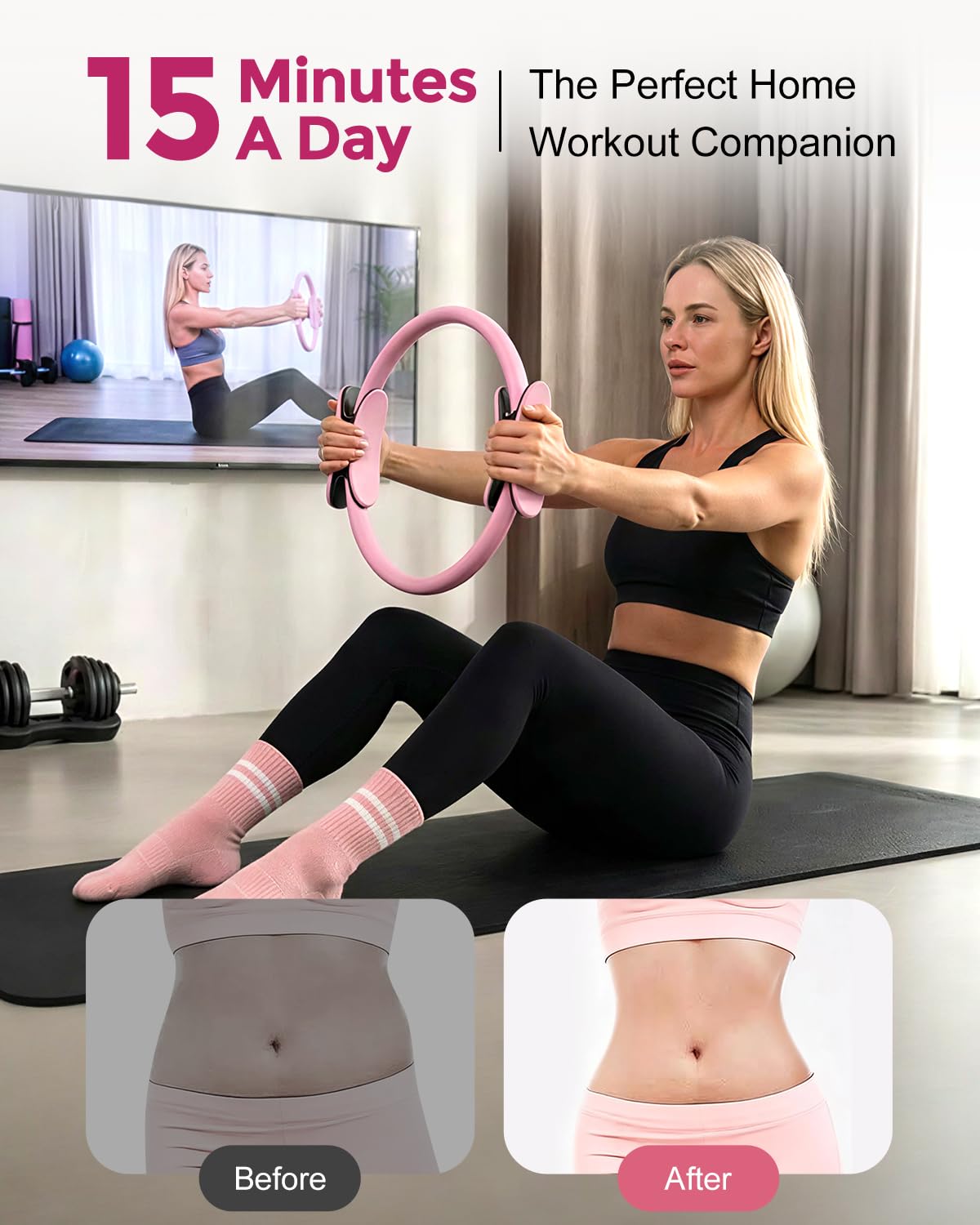 Pilates Essentials Kit for 5.2-5.7 FT Women, 14'' Magic Circle Home Pilates Equipment Ring and Ball Set, 5 Resistance Bands Workout Guide for Balanced Resistance Full-Body Workout Set for Beginners