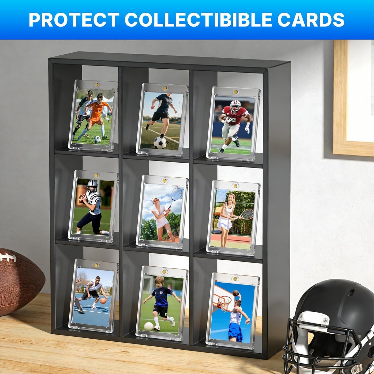 Skiennix Magnetic Card Holder - 50 Pcs UV Protected Clear Cases with 10 Stands for Trading Cards Display & Storage