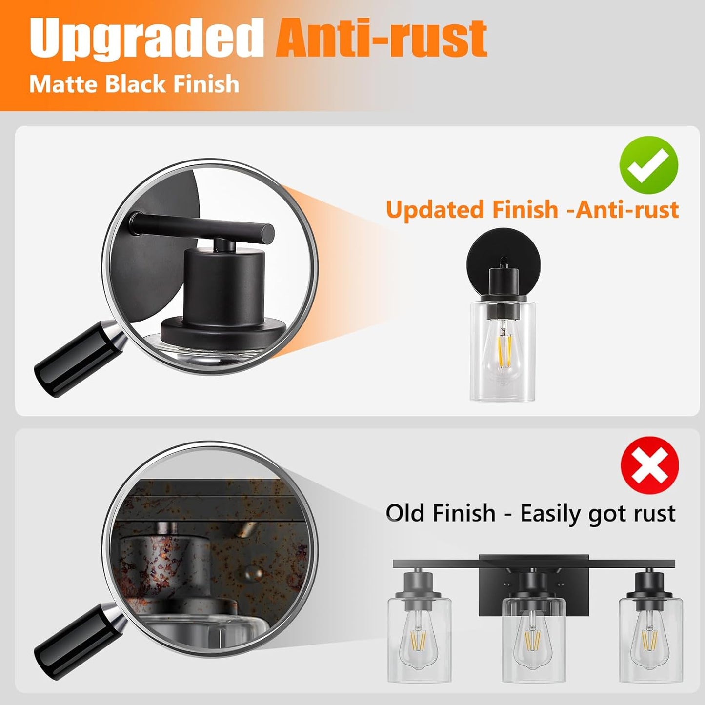 Modern Black 3-Light Bathroom Vanity Light Fixture with Clear Glass Shades - 2 Pack