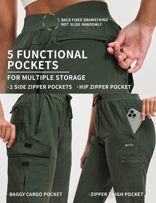 BVVU Women's Hiking Pants - Lightweight Quick-Dry Outdoor Cargo Joggers with Waterproof Zipper Pockets