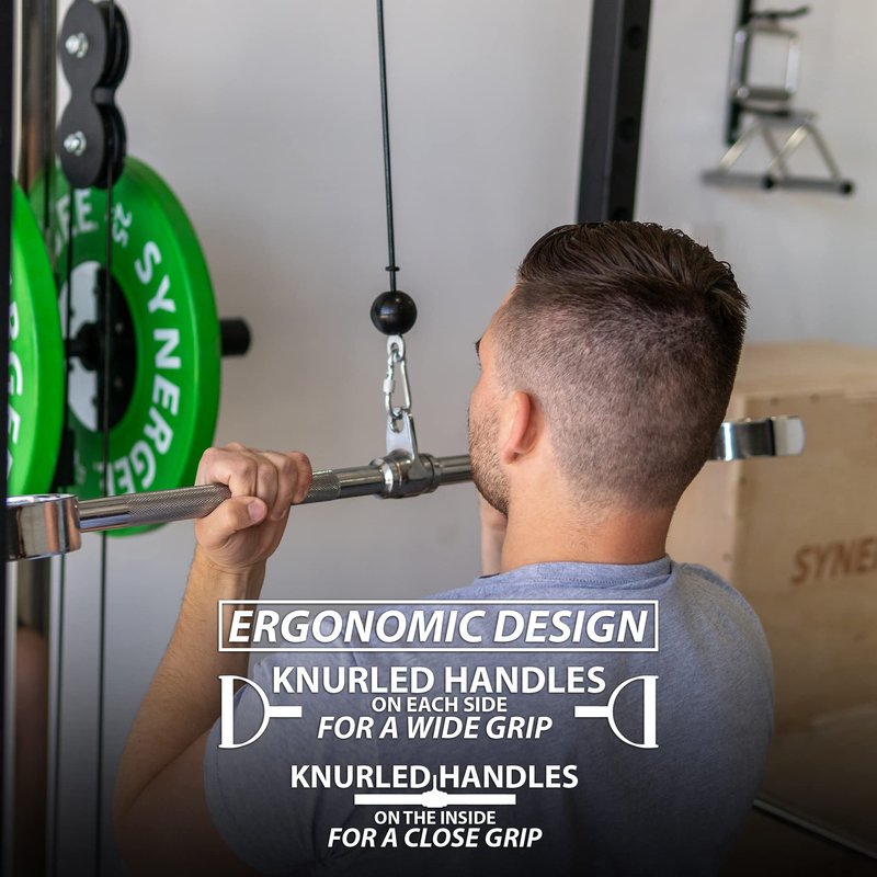 Synergee Pro-Style Lat Bar Cable Attachment. Universal Attachment for Cable Machines. Pull Down/Press Down Bar Accessory. Available Sizes 24”, 34” and 38”