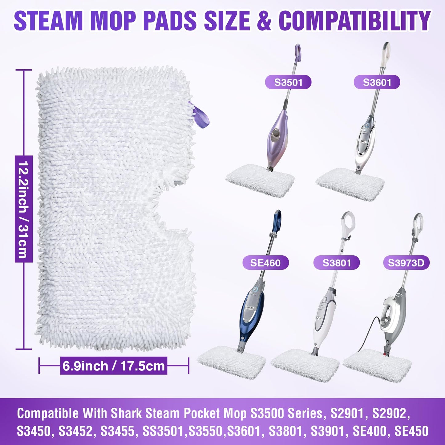 S3501 S3601 Steam Mop Replacement Pads Compatible with Shark Steam Pocket Mops S3501 S3601 S3550 S3801 S3901 S3601D S3801CO S3901D S3455K S2902 SE450, Washable Microfiber Mop Pads Reusable, 3 Pack