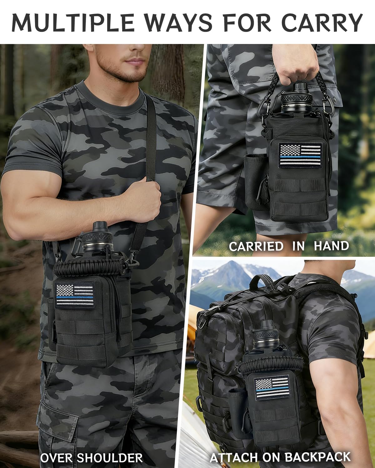 COOLYARD Water Bottle Holder with Strap Crossbody Sling Carrier Bag with Phone Pocket Molle Tactical Pouch for Walking Hiking Camping Gym Black