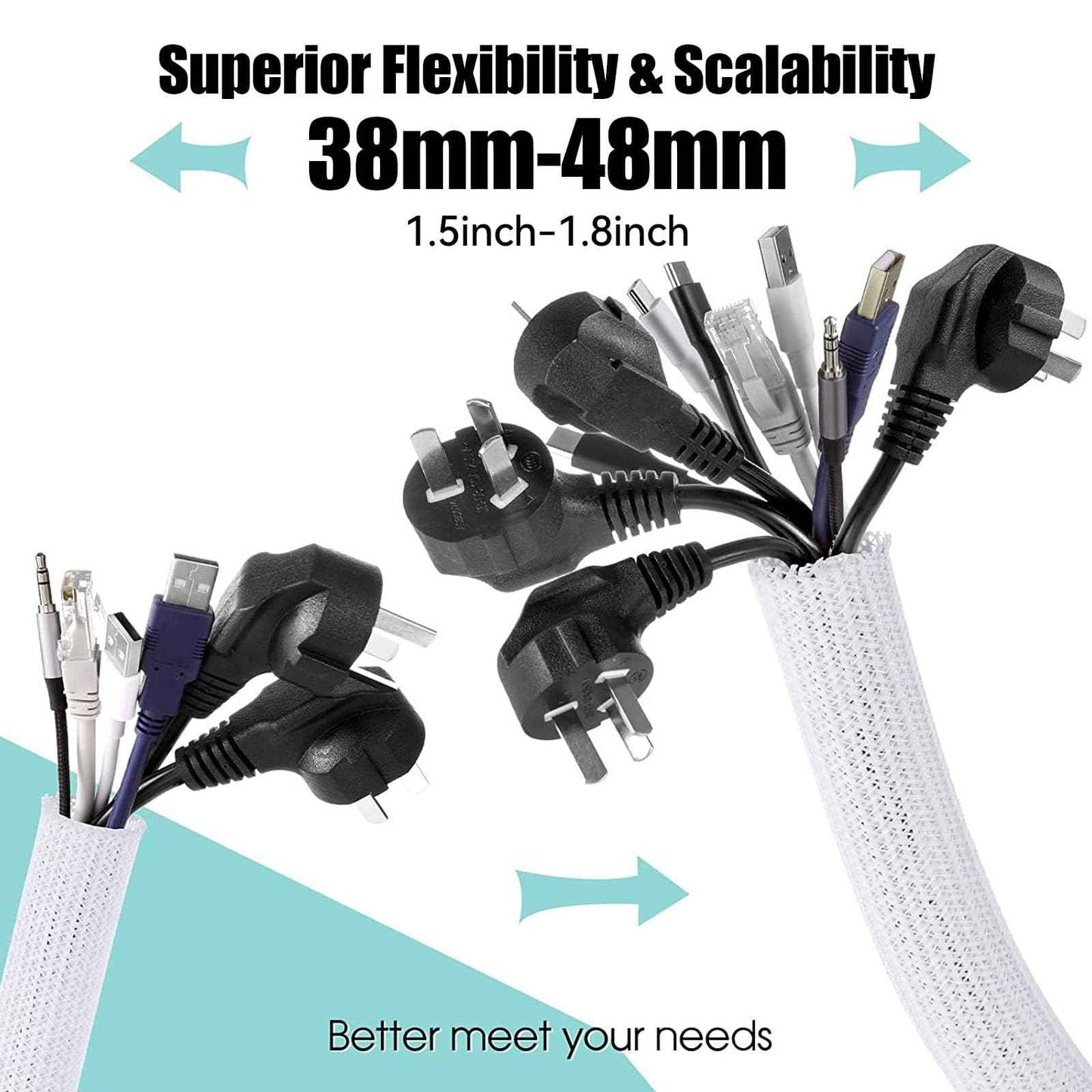 AGPTEK Cable Sleeve Cover, 2Pack 5ft - 1.8 inch Desk Cord Organizer Cable Hider, Home Office Wire Management Computer TV Wire Loom Tubing, Pet Proof Cord Protector, from Cat Dog Chewing, White