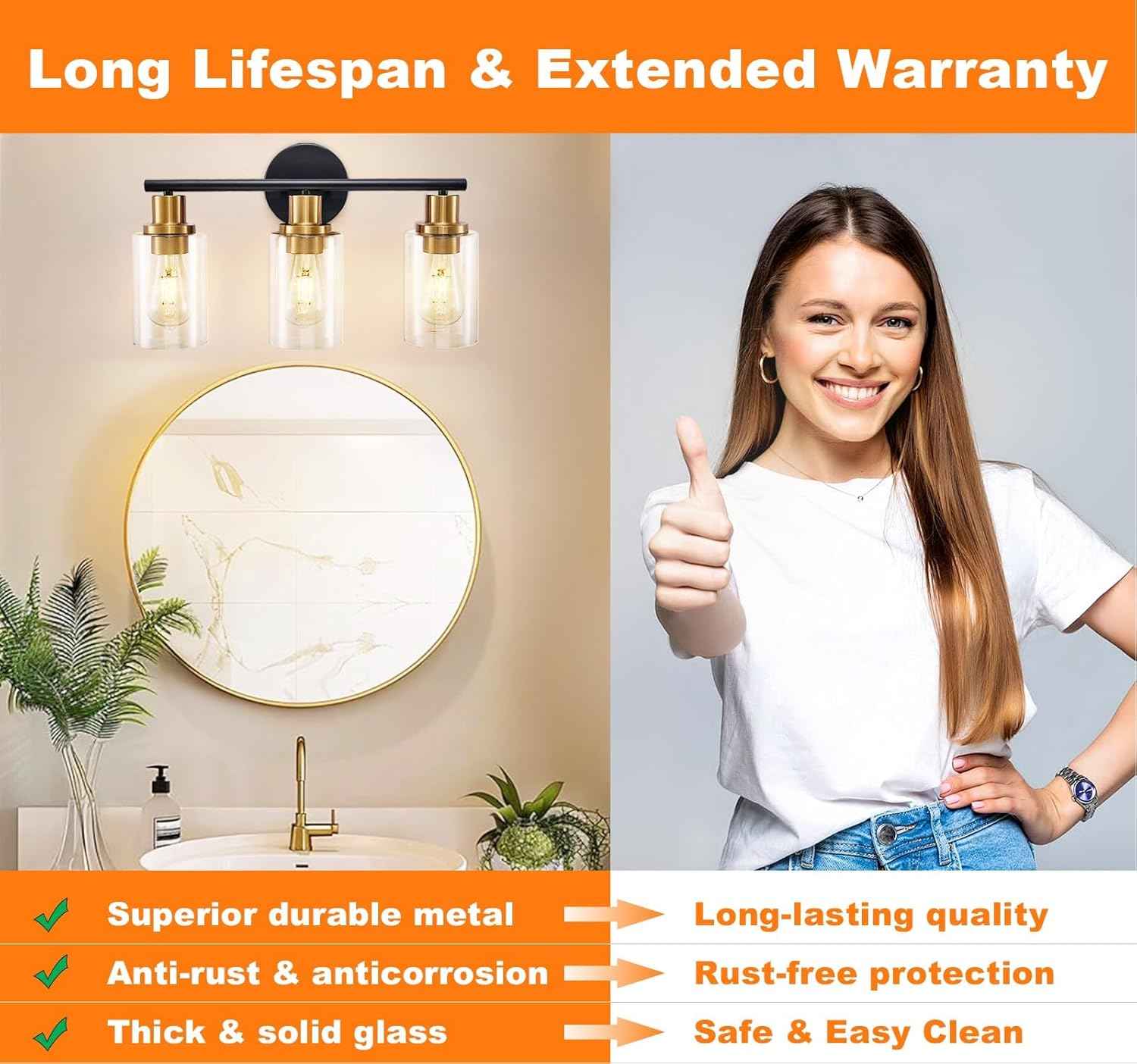 Modern Black 3-Light Bathroom Vanity Light Fixtures with Clear Glass Shades - 2 Pack