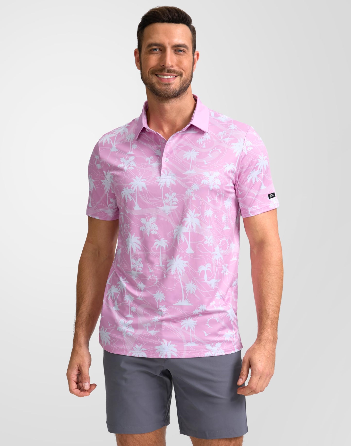 Obla Mens Golf Polo Shirts Short Sleeve Dry Fit Casual Print Collared Golf Shirts Wicking for Men(Pink Coconut Beach_XXXL)