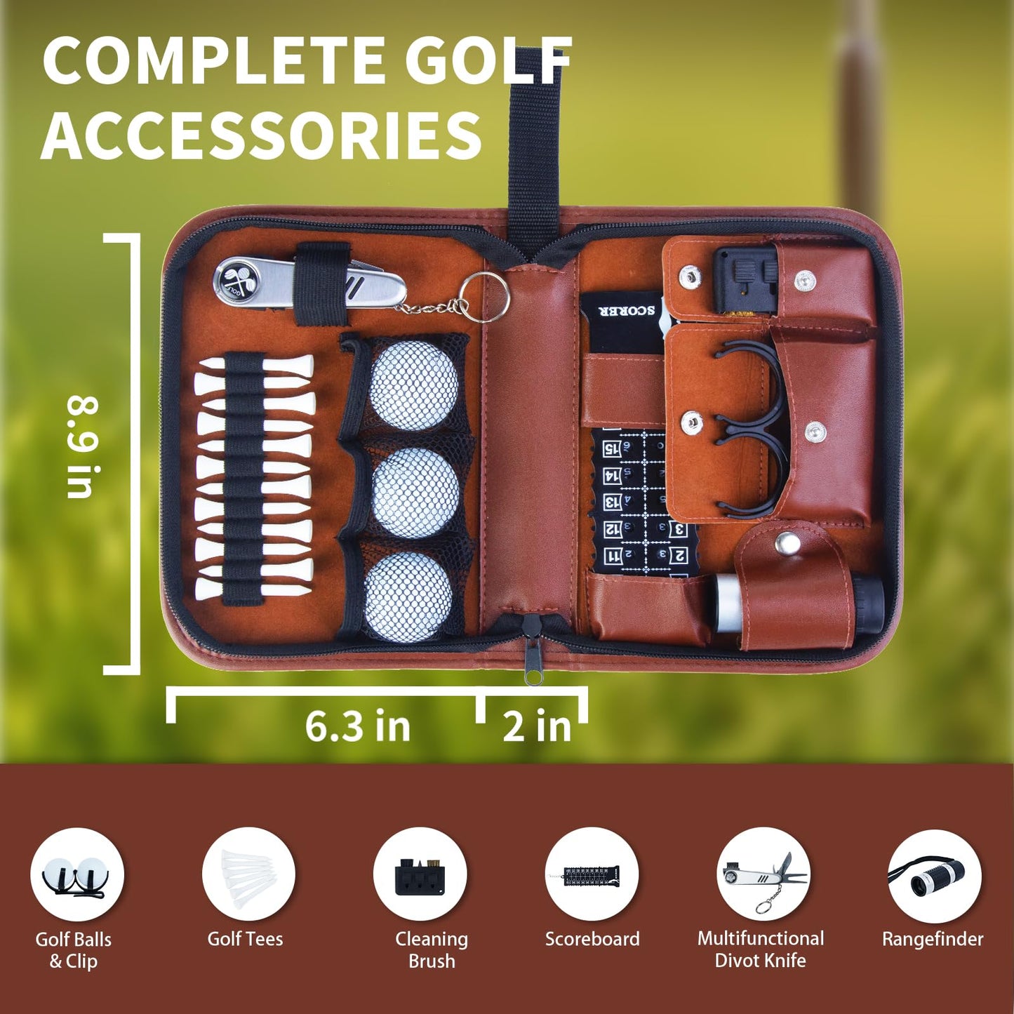 Golf Accessories Gifts for Men - Golfing Essentials Kit for Beginner Golfers with Balls Tees Golf Ball Clamp Rangefinder Scorer Cleaning Brush Multifunctional Divot Knife Gifts for Women Men