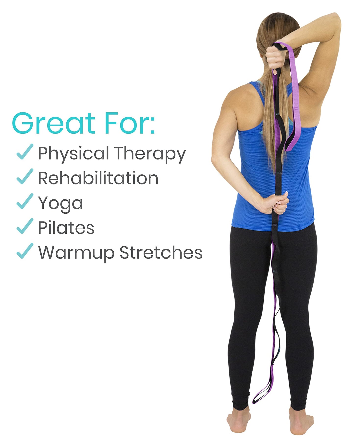 Vive Stretch Strap (75" - 10 Loops) - Leg Stretch Band to Improve Flexibility - Stretching Out Yoga Strap - Exercise and Physical Therapy Belt for Rehab, Pilates and Gymnastics with Guide Book