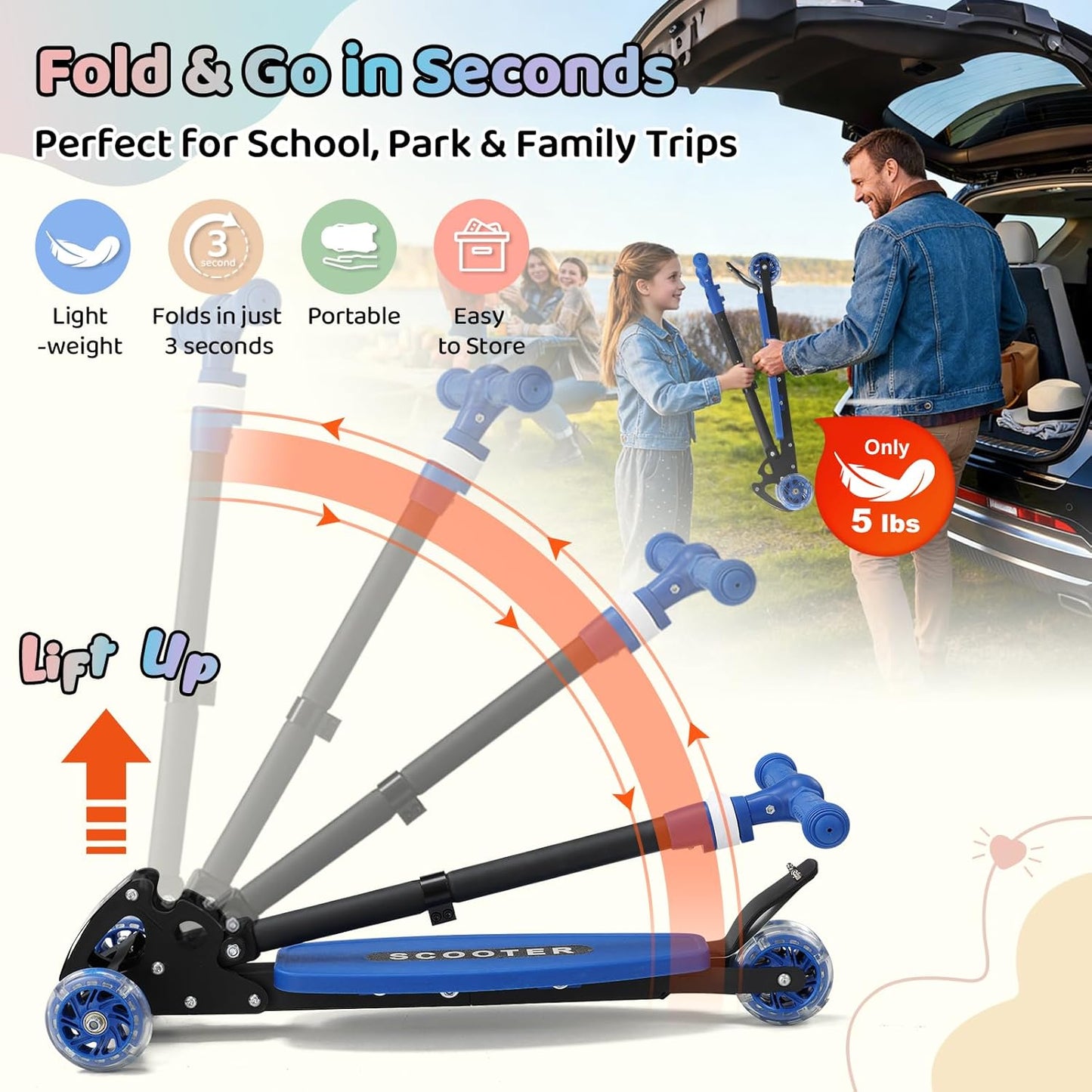 Skiennix Kick Scooter for Kids | Adjustable 28"-32" Handlebar | Light-Up Wheels & Anti-Slip Deck