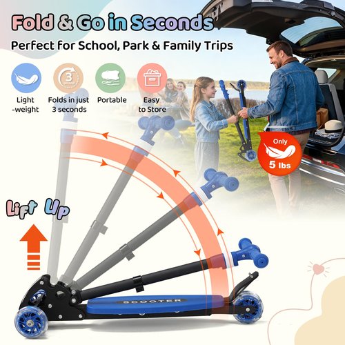 Kick Scooters for Kids 5-7 8-12,Lean to Steer,Three Wheeled Light Up,28"-32" Adjustable Handlebar,Widen Anti-Slip Deck,Floor Push Scooter for Boys Girls Ages 6-12 Old,Foldable for Travel - Blue