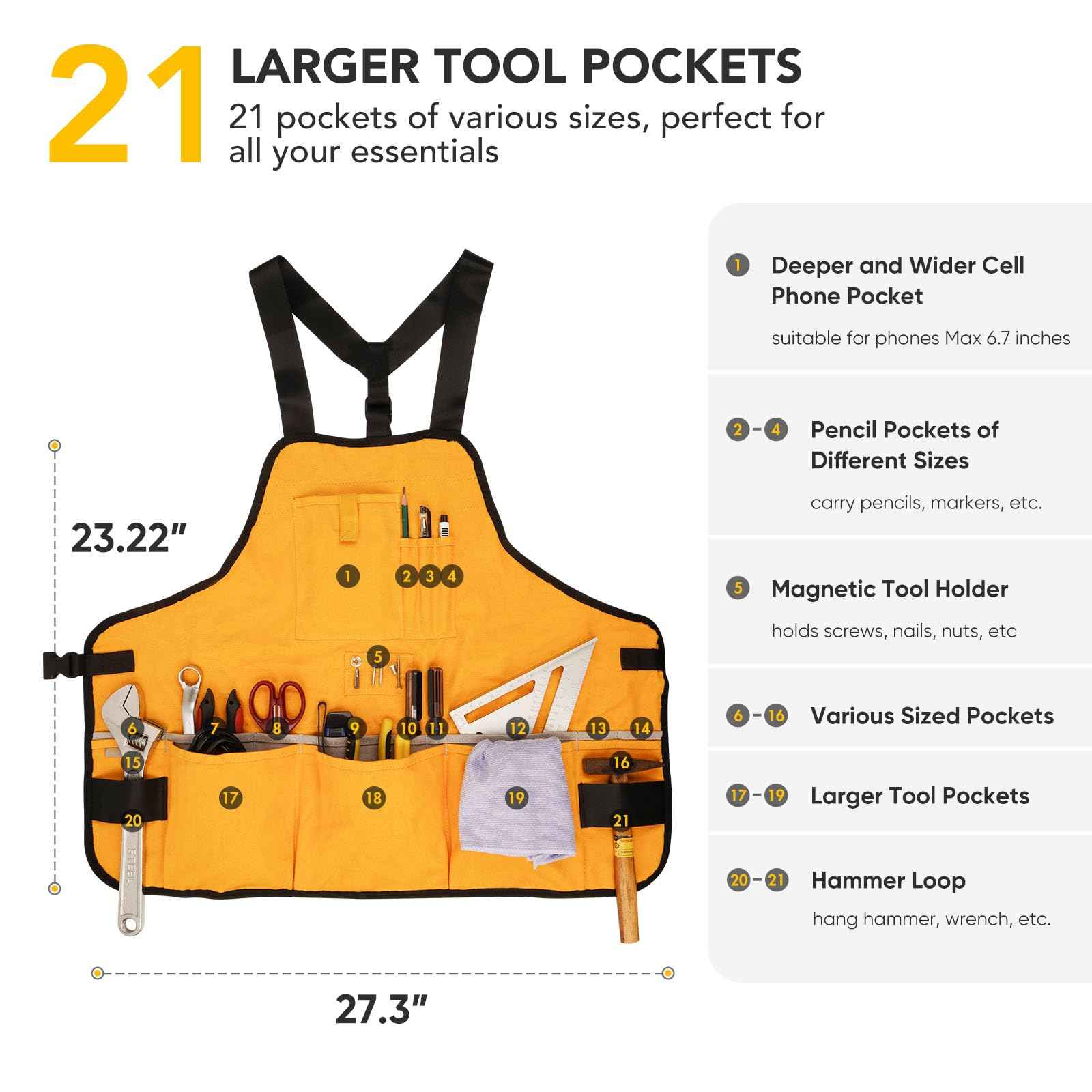 BRITEREE Work Tool Apron for Men and Women, Torso Length with 21 Tool Pockets, Durable Canvas Apron, DIY Enthusiasts, Gifts for Men Dad Father(Orange)