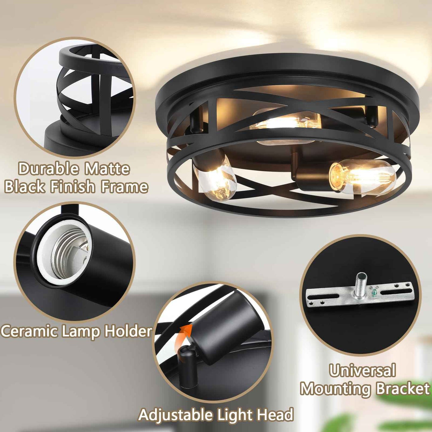 13-Inch Farmhouse Ceiling Light Fixtures 2-Pack, 3-Light Black Flush Mount Ceiling Light, Kitchen Lighting Fixtures Ceiling with Adjustable Head, Ceiling Lights for Hallway Kitchen Entryway, E26 Base