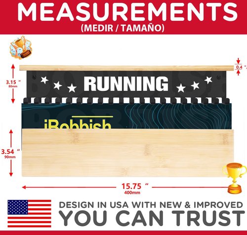 iBobbish Premium Trophy Display Shelf - Sturdy 16-Inch Metal Shelf with Hooks for Medals | Large Bamboo Design