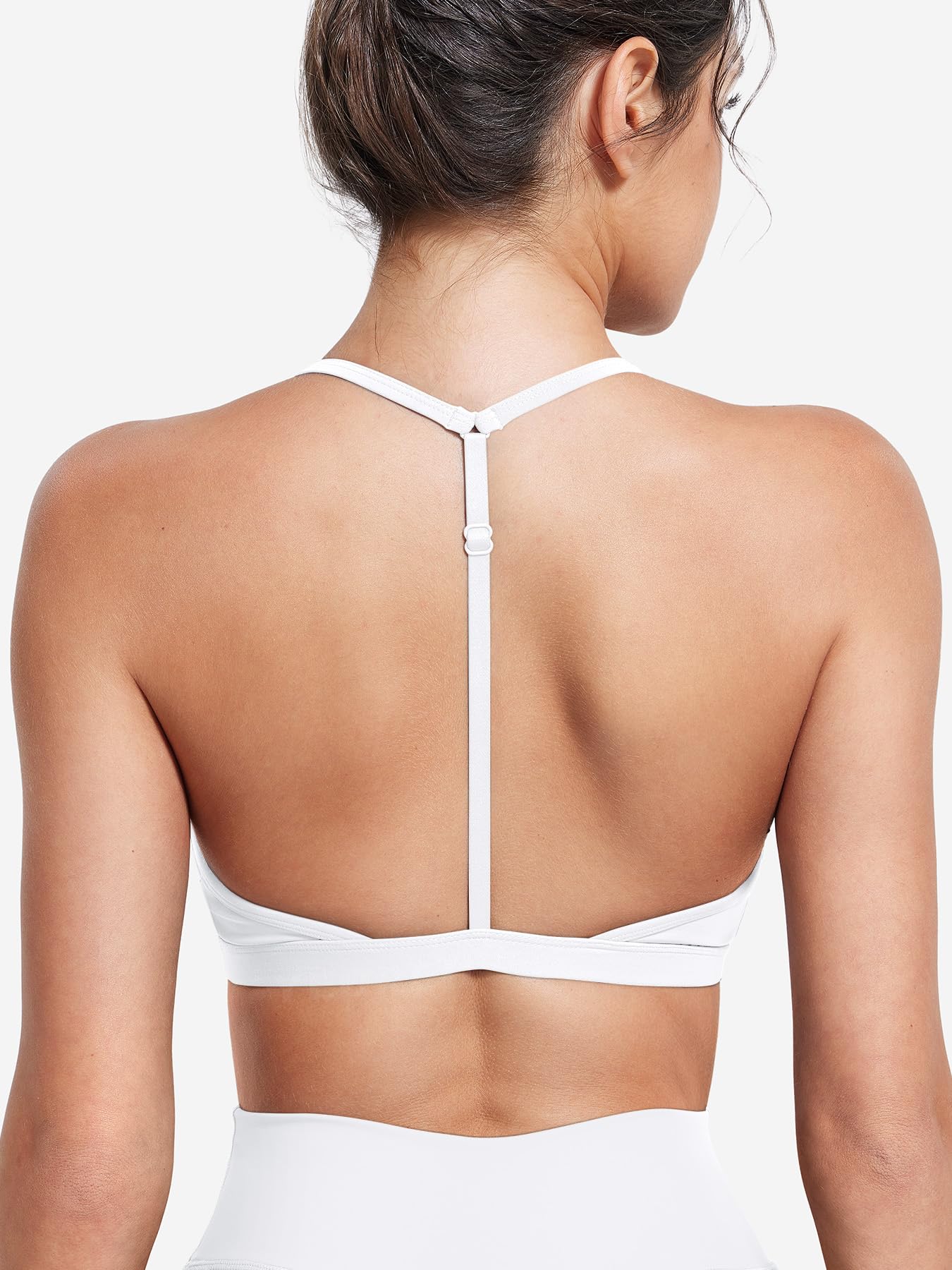 YEOREO CoreFlex Sports Bras for Women Strappy Padded Halter Open Back Light Impact Deep V Neck Yoga Workout Gym Tops White S