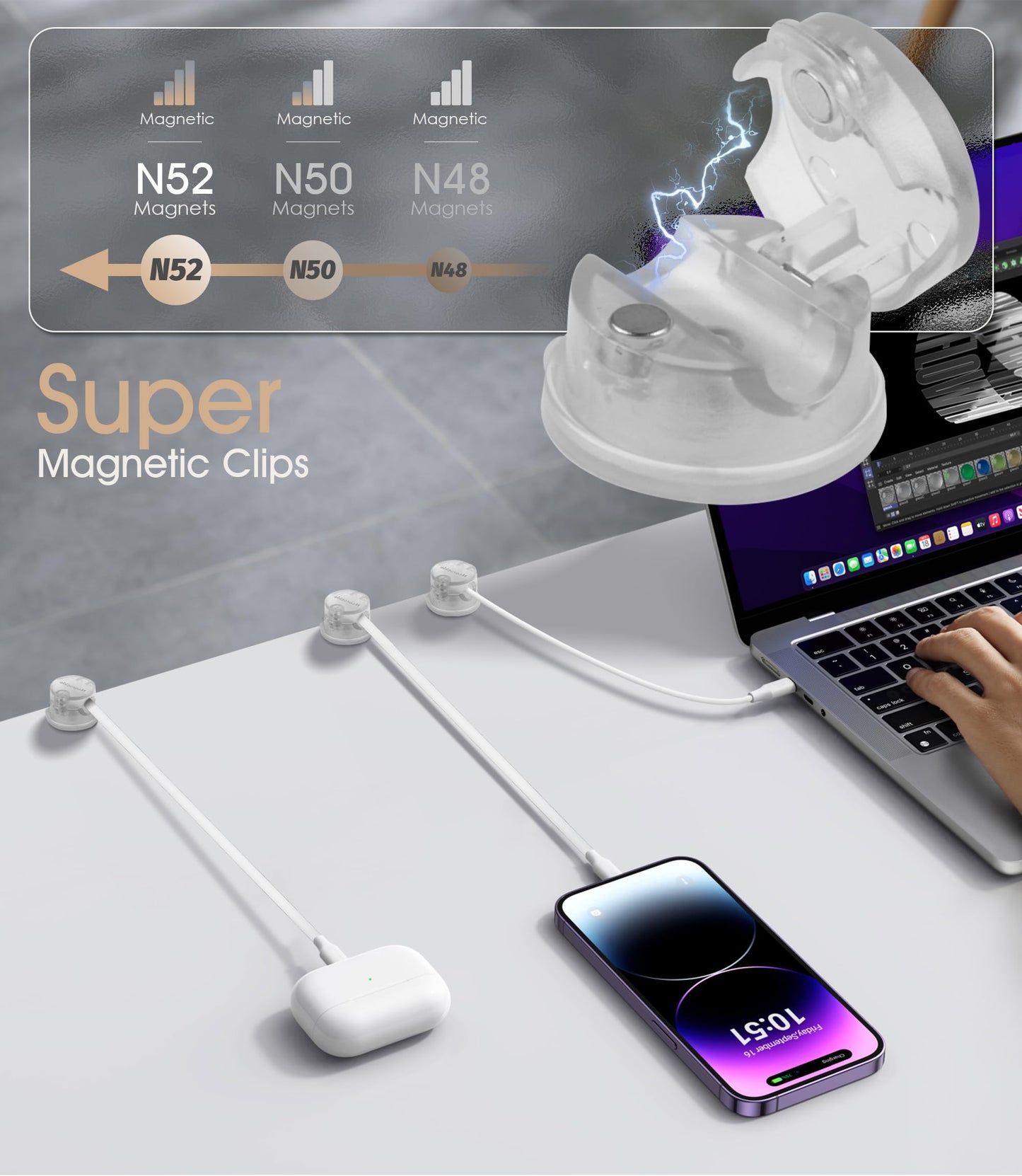 8 Pack Magnetic Cord Organizer [Locking Cable Rotatable] Cable Clips, Nearockle Upgraded Strong Magnetic Cord Holder, Adhesive Wire Keeper Cable Management for Desk,Car,Nightstand,Office,Home(Clear)