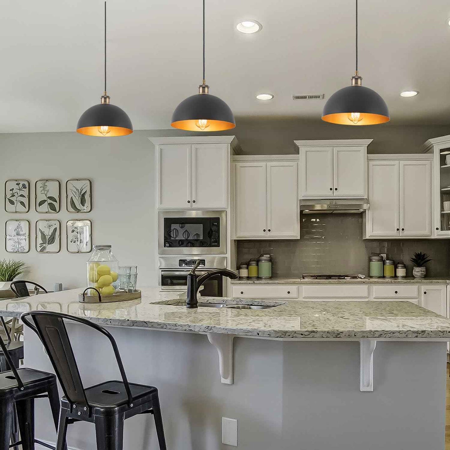 Imfurlayo Industrial Mini Black Pendant Lights 3-Pack Farmhouse 9.84" Black Gold Dome Pendant Lighting Fixture Retro Pendant Light for Kitchen Island, Dining Room, Bedroom, Hallway, Living Room