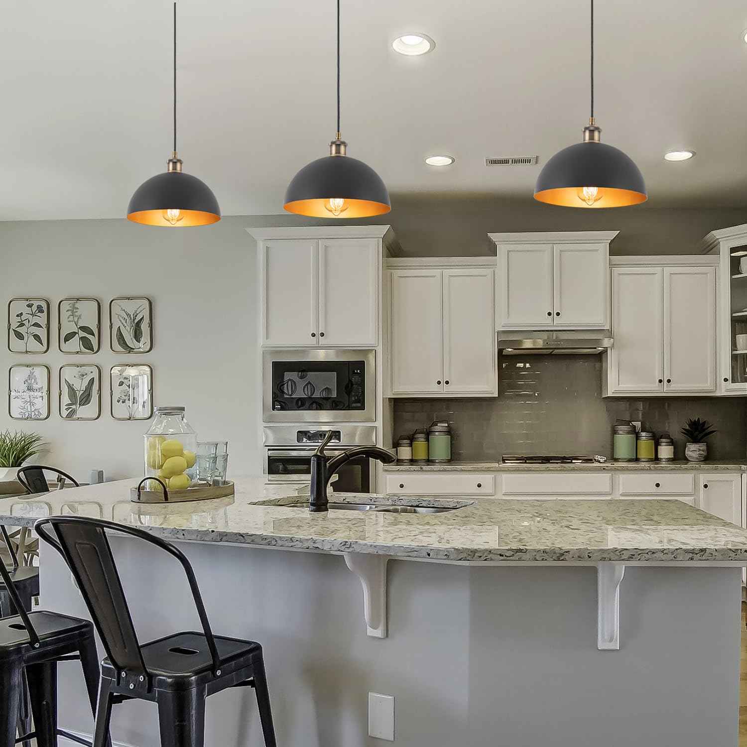 Imfurlayo Industrial Mini Black Pendant Lights 3-Pack Farmhouse 9.84" Black Gold Dome Pendant Lighting Fixture Retro Pendant Light for Kitchen Island, Dining Room, Bedroom, Hallway, Living Room