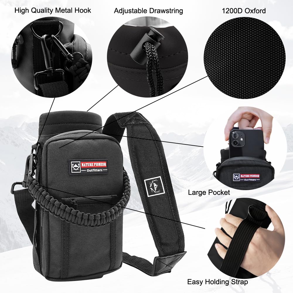 NATURE PIONEOR Water Bottle Holder with Adjustable Strap - 25/32/40oz Insulated Water Bottle Carrier Sling Sleeve with Paracord Handle & 2 Storage Pockets, Hiking, Camping, Gym