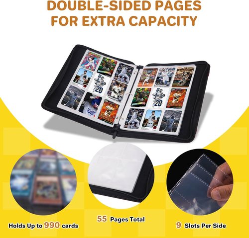Baseball Card Binder - 990 Pockets Sports Trading Card Album with 55 Removable Sleeves | Double-Sided Zipper Design