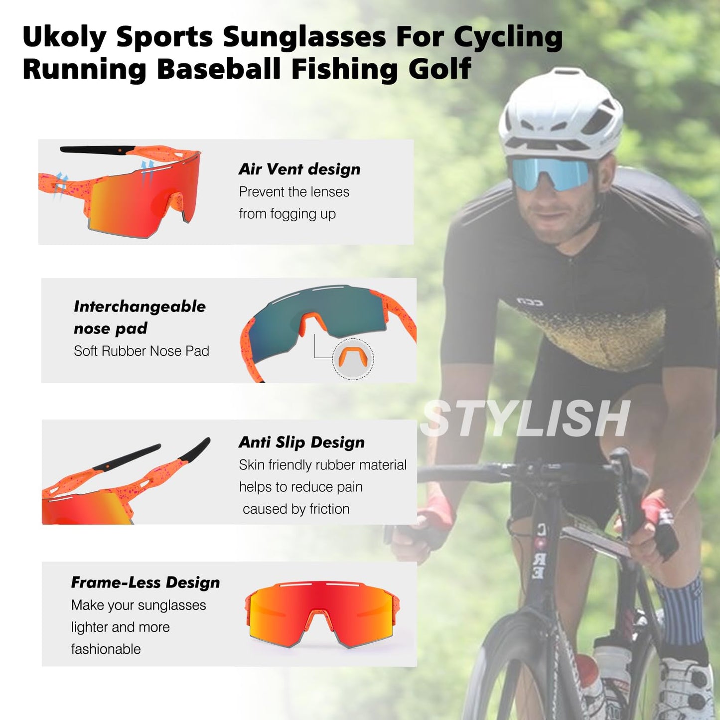 Ukoly Cycling Sunglasses for Men Women with Interchangeable nosepad, Polarized Sports Sunglasses, Baseball Sun glasses 550A LO