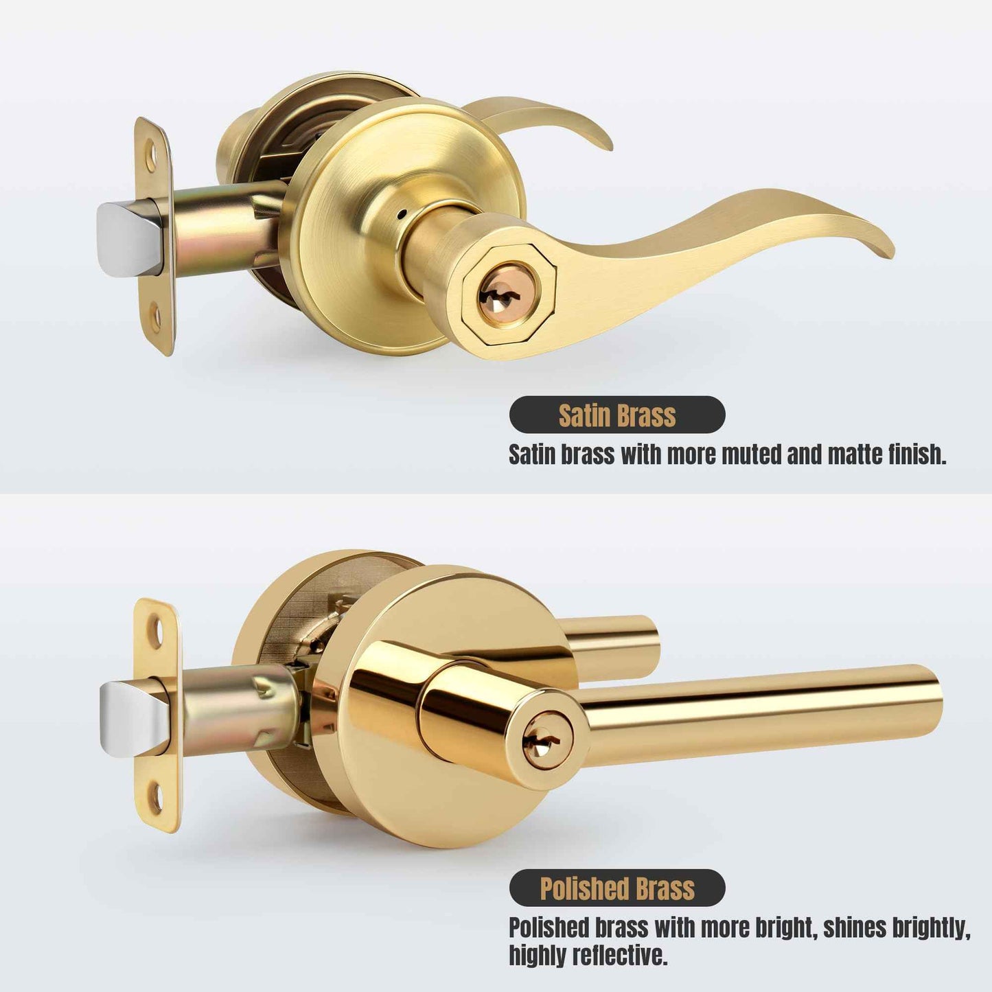 Gaurqiah 5 Pack Brushed Gold Door Handles Interior Wave Style（Keyed Alike）， Keyed Entry Gold Door Handles with Same Key and Lock, Reversible Door Lever for Bedroom、Bathroom、Closet, Satin Brass