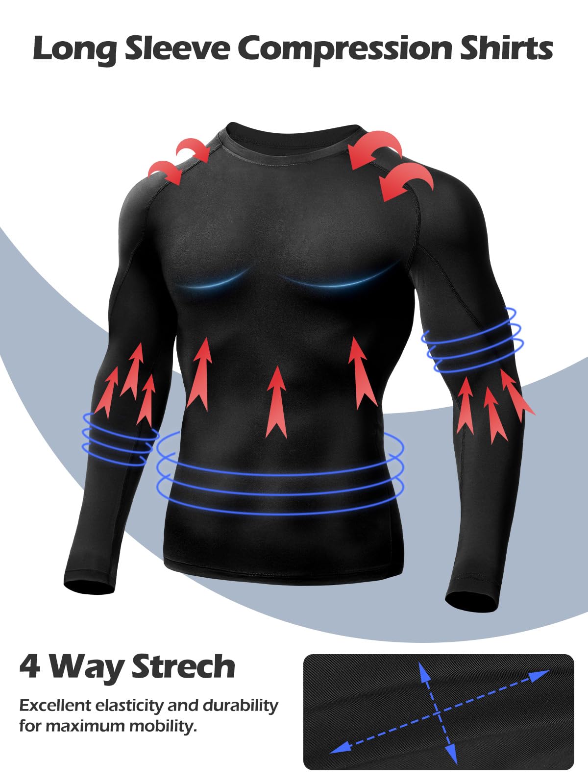 Odoland 3 Pack Long Sleeve Compression Shirts for Men, Crew Neck Sports Undershirt, Athletic Base Layer Top for Workouts Gym,Black*3,XXXL
