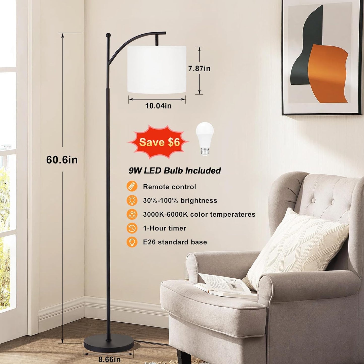 Modern 60" Floor Lamp with Remote Control & Dimmable LED Bulb - Beige Shade, Adjustable Brightness for Living Room