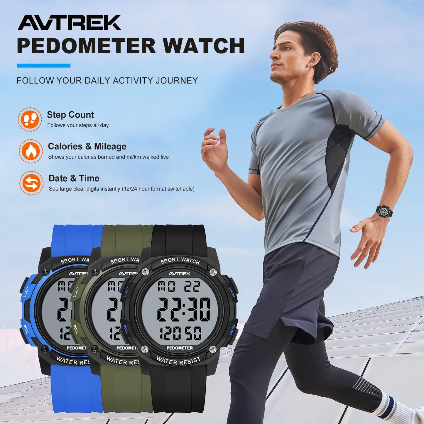 AVTREK Pedometer Watch for Walking Steps and Miles Calories NoAPP Needed 50M Waterproof Digital Step Counter Watch Sport Simple Fitness Tracker for Men(Black)