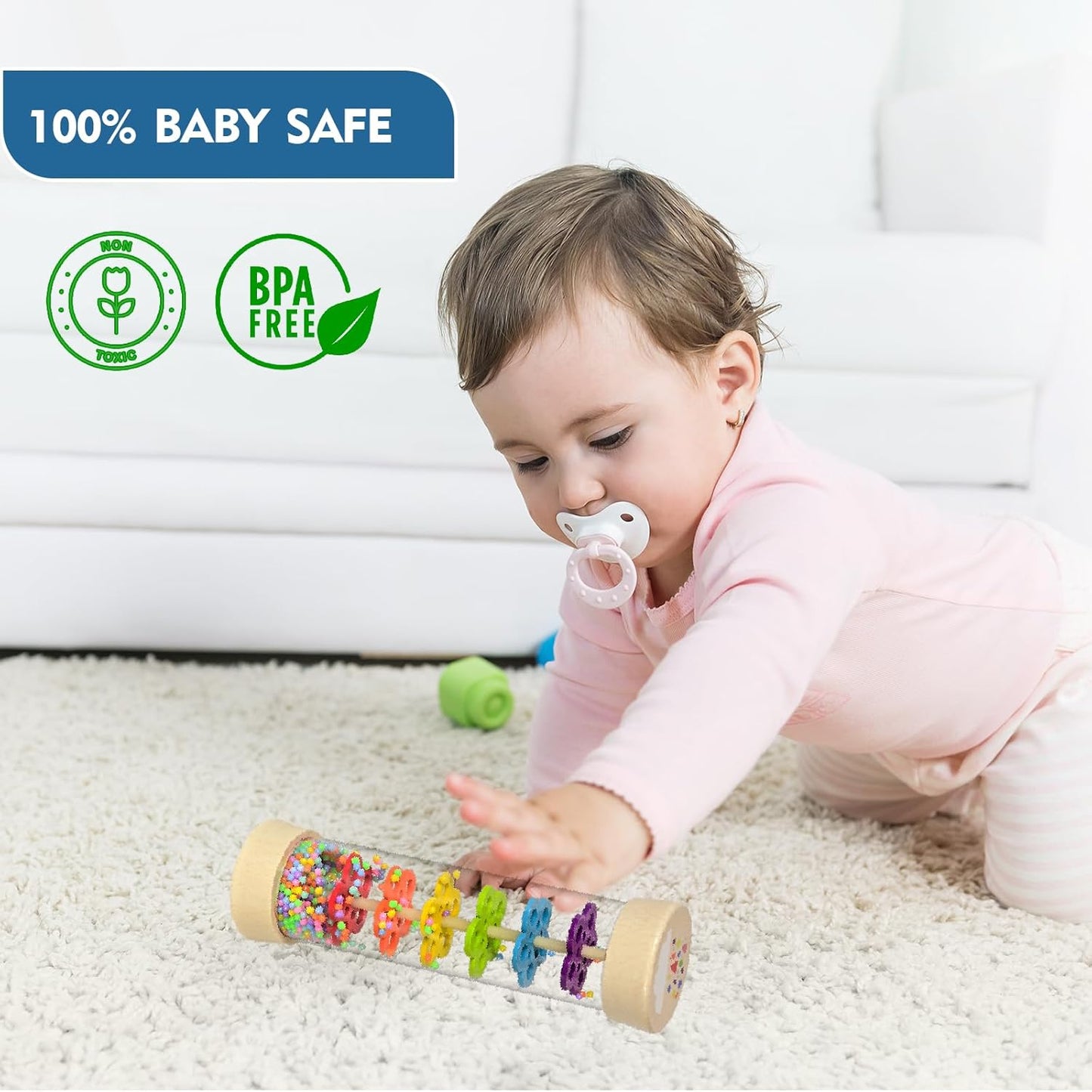 Montessori Rain Stick | Wooden Sensory Baby Rattle - Musical Toy for Infants 6-12 Months, 7.7”