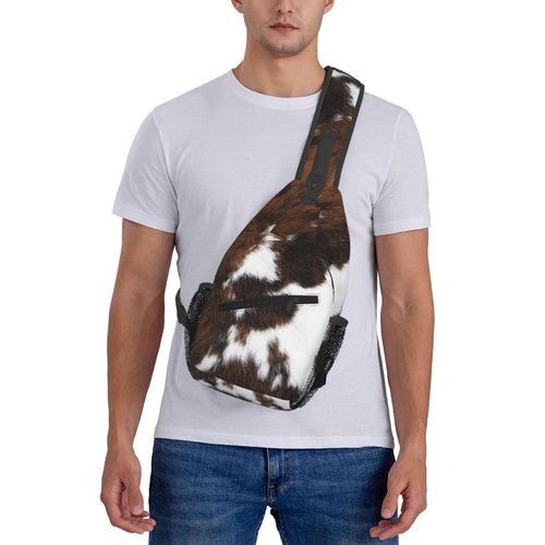 LOSTORCHI Cow Print Crossbody Sling Bags Spotted Cow Fur White and Brown Animal Skin Texture Sling Backpack for Women Men Casual Shoulder Bag Farmhouse Animal Skin Travel Gym Sports Hiking Daypack